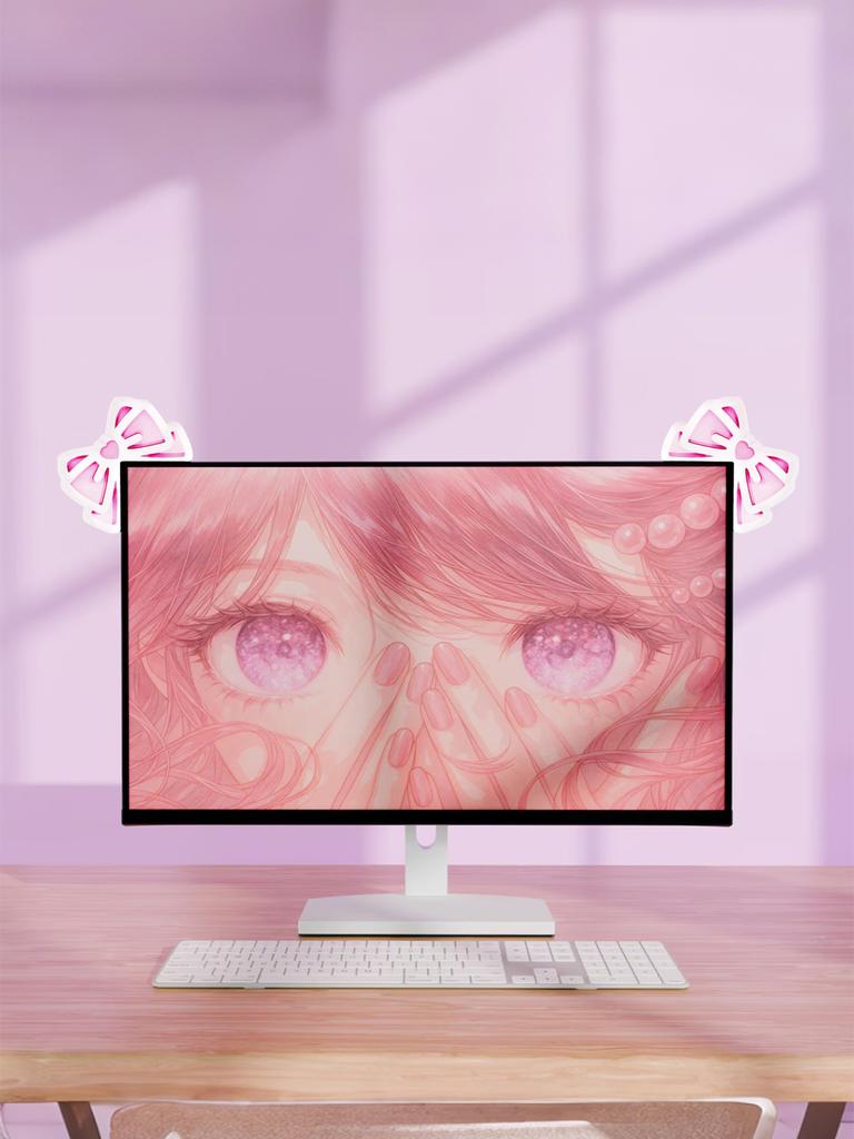 Kawaii Bow Monitor Decor Pink Acrylic Bowknot PC Accessories Cute Desktop Decoration for Gaming Setup,Screen,Home Office & Gift