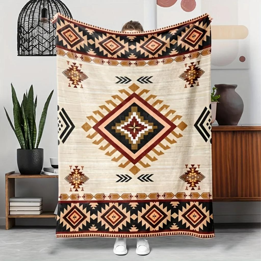 AztecInspired Geometric Flannel Throw Blanket Bohemian Style Sofa Blanket for Home Decor Camping Gift for Family Cozy Warmth