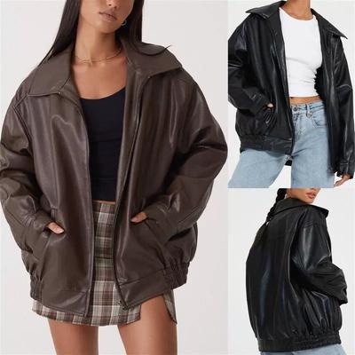 Women Spring and Autumn  PU Leather Jacket Loose Zipper Long Sleeve Jacket Coat Solid Color Fashion Motorcycle Jacket