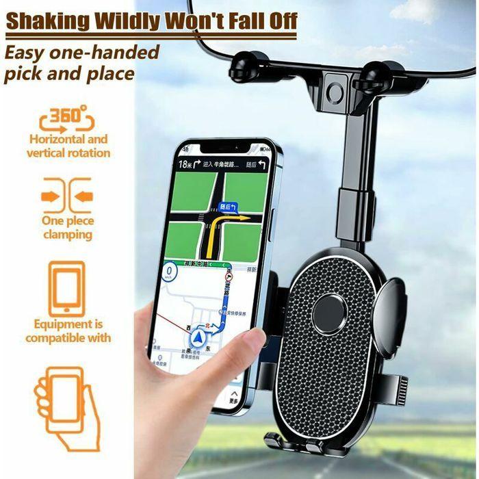 Car Mount Rearview Mirror, 360° Rotation, Phone Holder for 4 To 7 Inch Smartphone