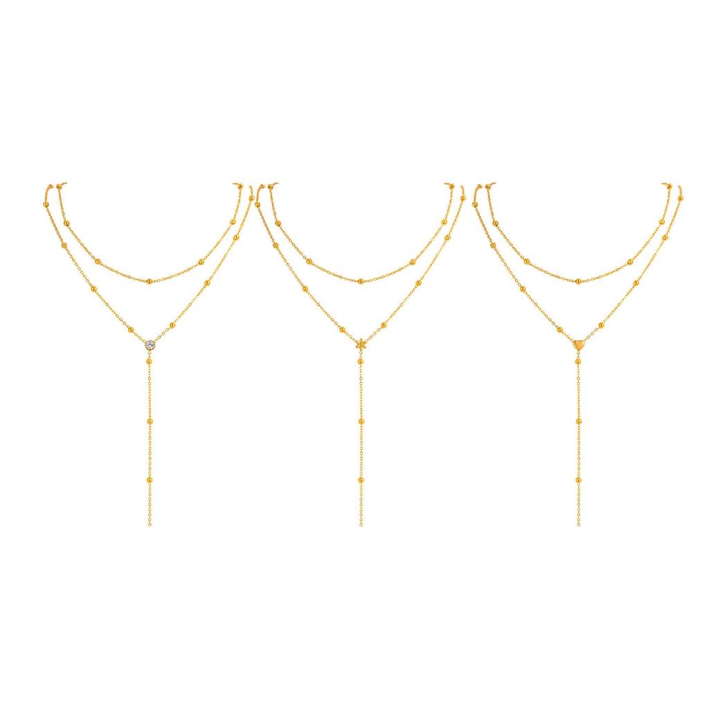 Women's Stainless Steel Double Layer Y-Shaped Gold Tassel Necklace