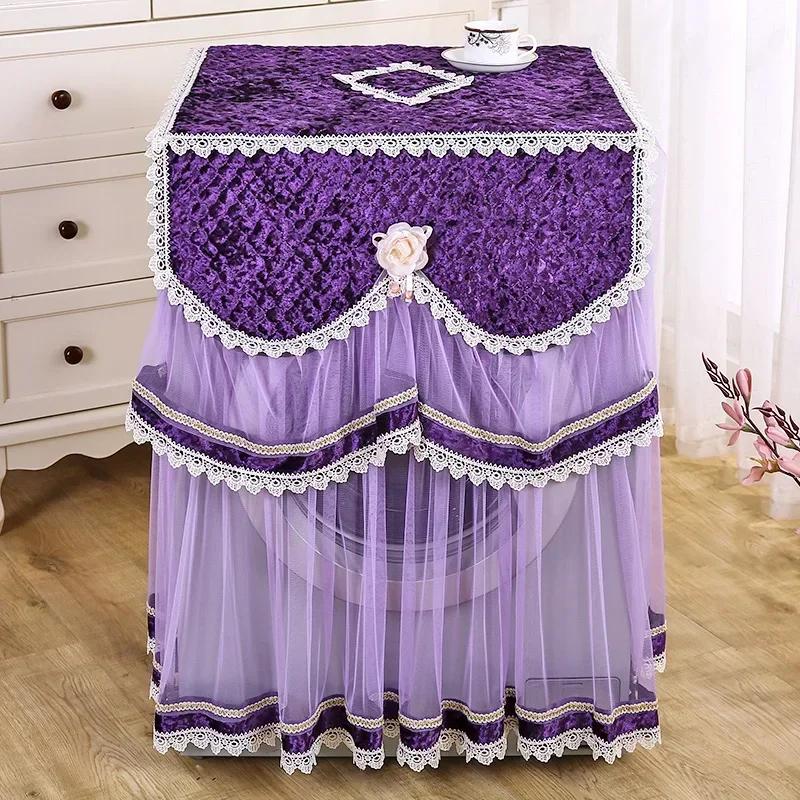 Washing Machine Cover Universal Washing Machine Cover with Roller and Wave Wheel Upflip Washing Machine Dustproof Lace Cover