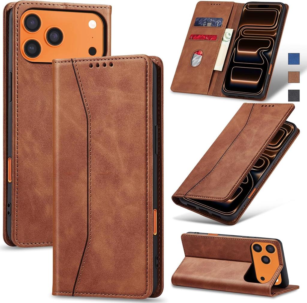 Suitable for iPhone 17 Pro MAX brown PU leather flip phone case wallet with card slot foldable bracket magnetic buckle