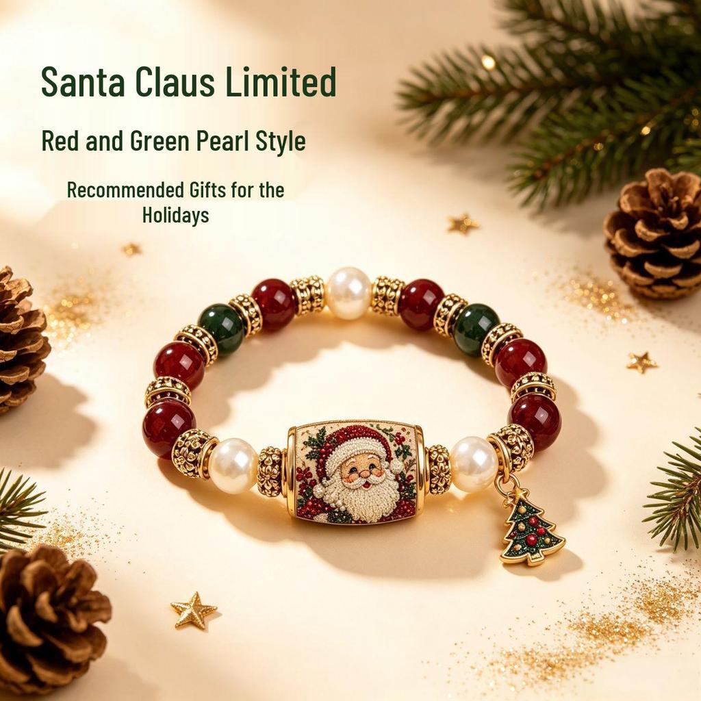 Hand-Painted Christmas Tree Beaded Bracelet - Women's Elastic Holiday Gift