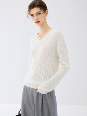 Women's V-neck Cable Knit Cashmere Sweater - Autumn/Winter Loose Slimming Solid Top
