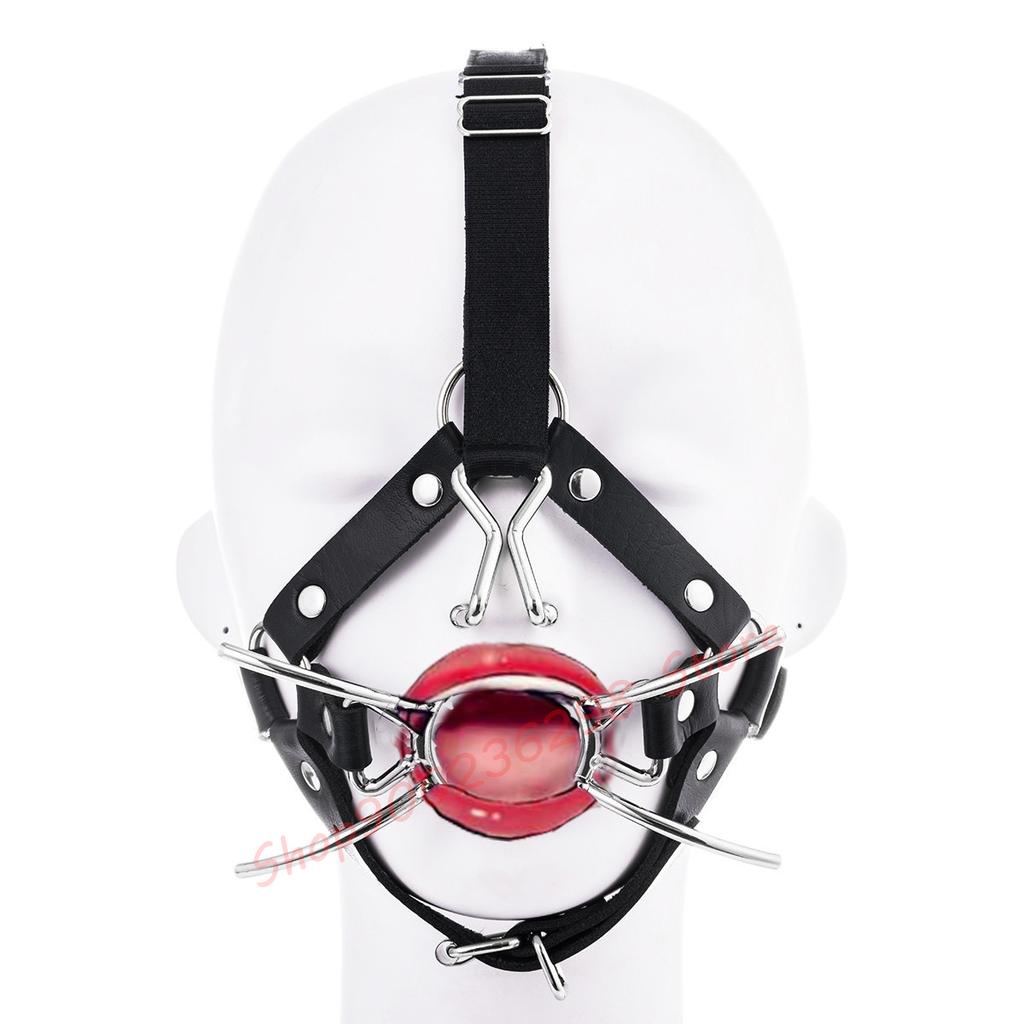 Open Mouth Bite Gag with Nose Clip,Lockable Leather Head Harness Strap, Sex Slave Nose Hook,Fetish Oral Fixate Couple SM Toy