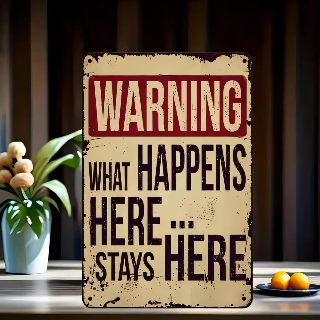 Tin Sign Vintage Warning What Happens Here Stays Here Plaque Metal Poster Wall Art for Bar Pub Man Cave Garage Shed Office Decor