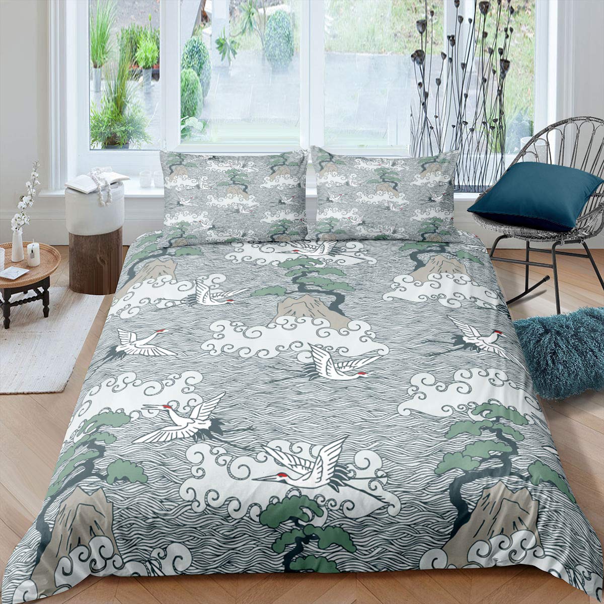 

Japanese Crane Duvet Cover Full Size Girls Soft Traditional Pattern Bedding Set Teens Kids Comforter Cover EU single(135x200cm)