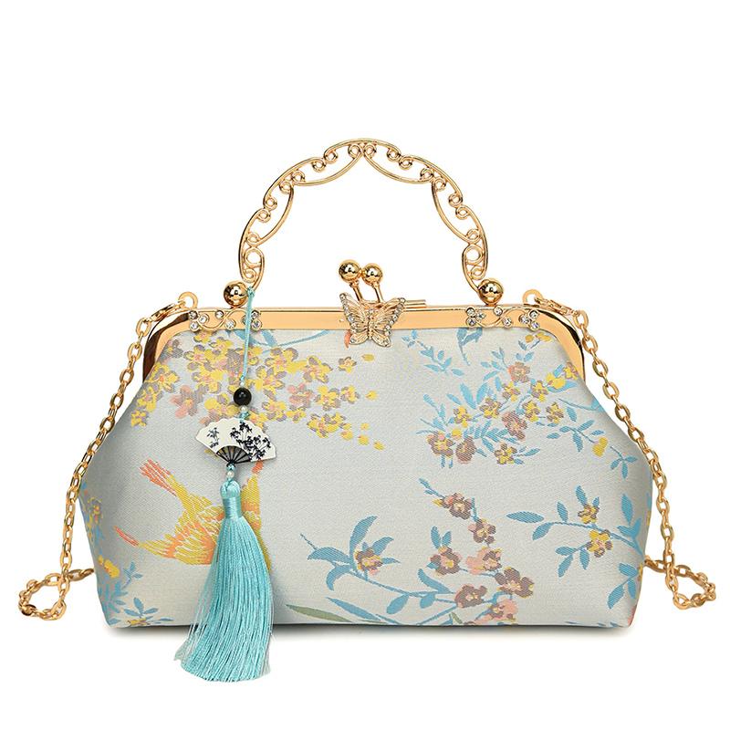 Bohemianowa Haftowana Torba na Ramię Damska Modna Metalowa Rączka Portmonetka z Paskiem na Łańcuszku Elegancka Torba Crossbody Pomysł na Prezent portfel