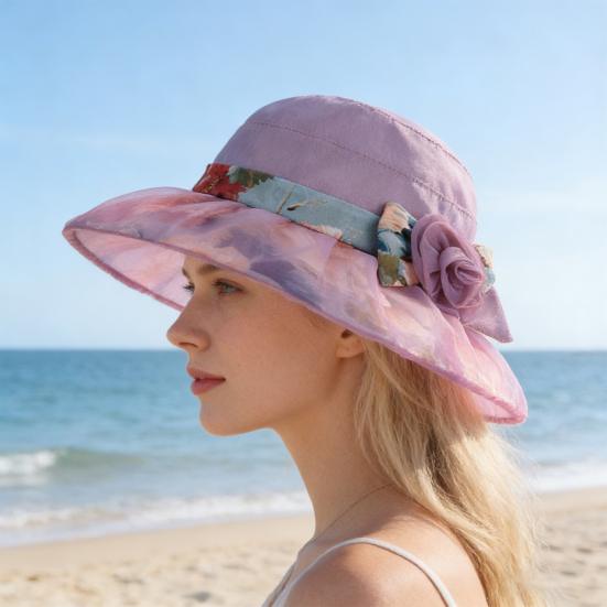 Women Sun Hat Mesh Yarn Wide Brim 3D Flower Decor Bucket Hat Outdoor