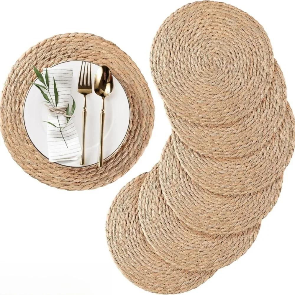 Round Handwoven Rattan Placemats Round Heat Insulation Mats Natural Woven Table Mats Slip Heat Resistant Table Mat for Dining