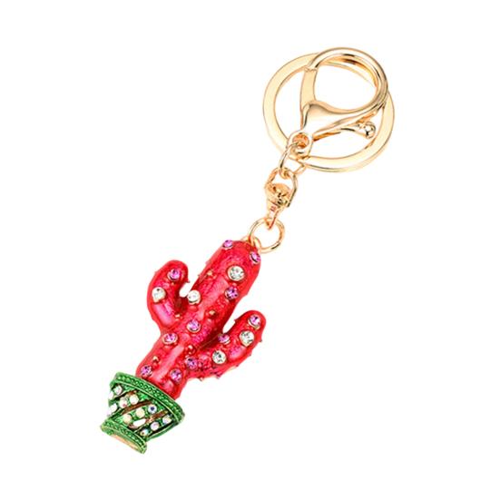 Keychain Sparkling Rhinestones Inlaid Cactus Design Keychain Pendant Enamel Oil Drip Process Smooth Edges Spring Buckle Key Holder Backpacks Accessory