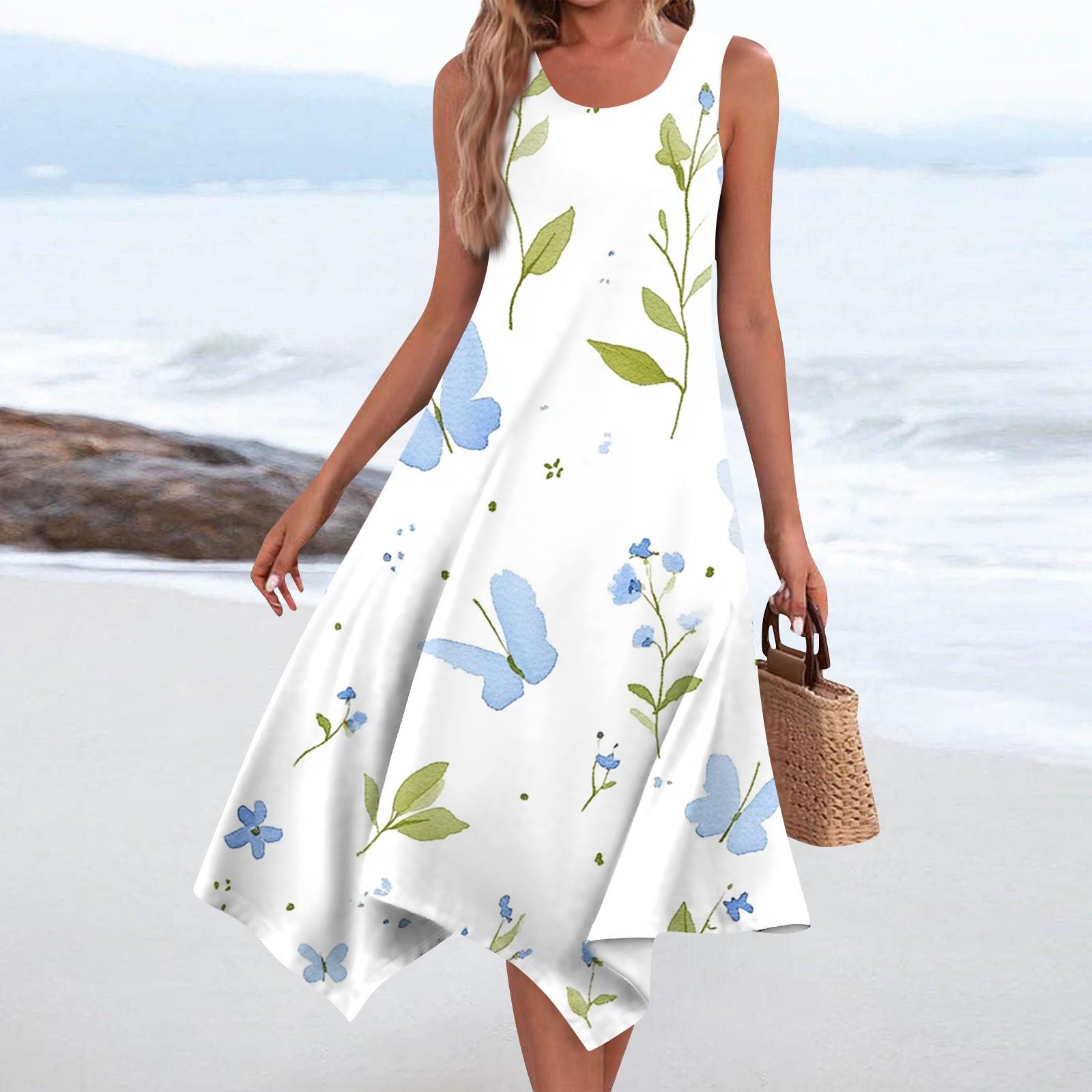 

Женское повседневное модное платье средней длины с круглым вырезом без рукавов с винтажным цветочным принтом и неровным подолом XL белый