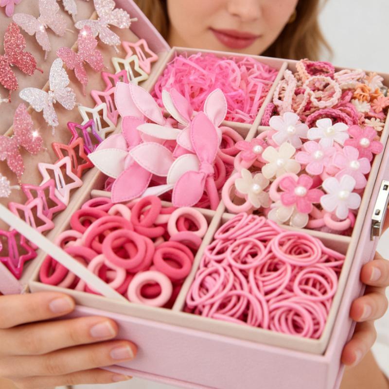 Fashion Hair Accessories Set, Glitter Bow Clips Star Clips Floral Hair Ties Non-Damaging Elastic Bands Tie Clips, High-Value Multi-Purpose Portable