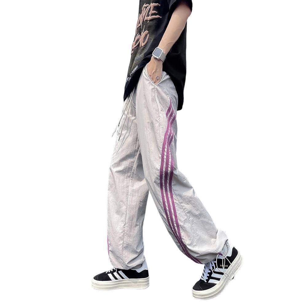 Trendy pants men's summer casual quick-drying sweatpants bar striped straight pants loose ice silk American style