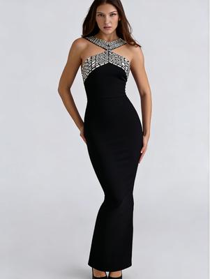 Robe de soirée faite à la main, dénudée, à fente haute, ornée de diamants