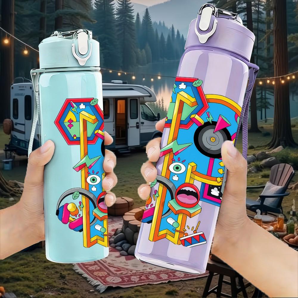 1PC Colorful Robot Block Art 750ml Color Plastic Sports Water Bottle Leakproof Flip Straw Lid Suitable for Sports Office Home Use
