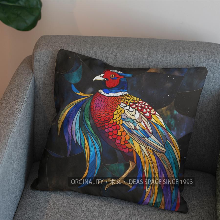 2D Stained Glass Pheasant Design Decorative Pillow Pattern Cushion Cover Suitable For Sofa Bedroom Car Pillow Cover