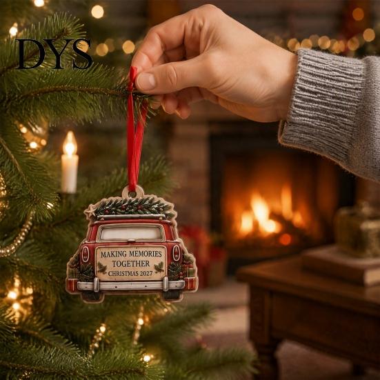 Rustic Hanging Cabin Decor Wooden Christmas House Ornament, 2D Castle Car with Gift Box Set Red String, Tree Pendant, Holiday for Home Indoor Festive