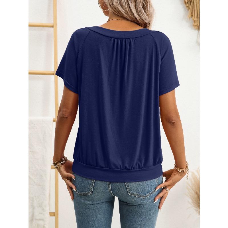 V-neck Pleated Loose Short Sleeved Women's T-shirts