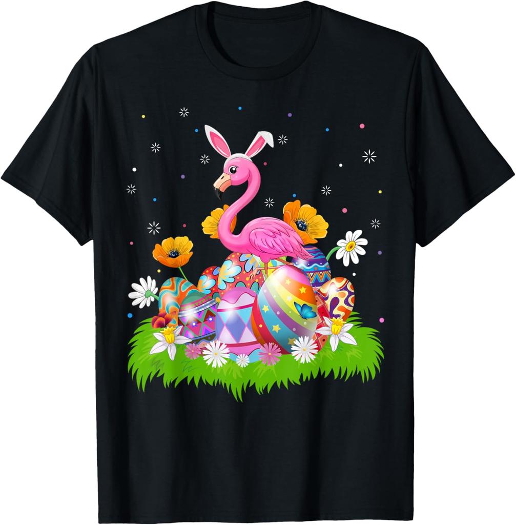 Flamingo Easter Bunny Ears Eggs Graphic Tee Cotton Casual Short Sleeve T-Shirt