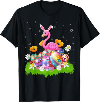 Flamingo Osterhase Ohren Eier Grafik T-Shirt Baumwolle Lässig Kurzarm T-Shirt