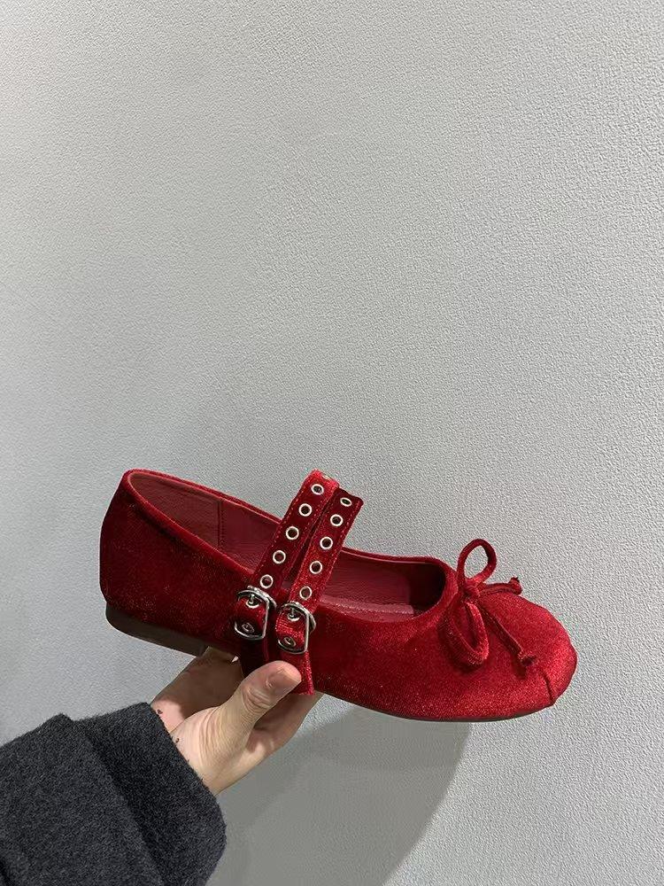 French Soft-soled Velvet Fashion Absolute Child One-word Belt Mary Jane Shoes Women's Early Spring Meeting Fairy Bow Single Shoes