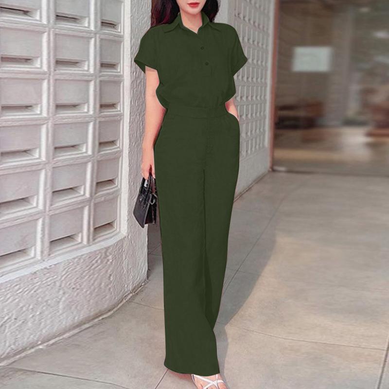 

ZANZEA Women Korean Causal Short Sleeve Blouse and Long Pants Two Piece Suit Sets 5XL темно-зеленого