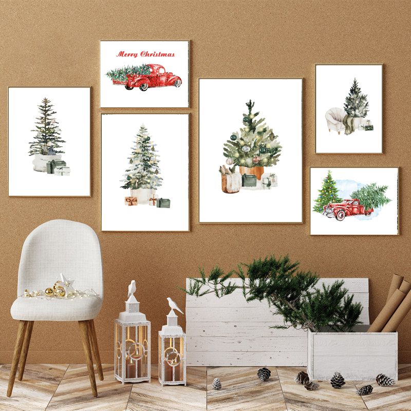 

Christmas Tree Posters Christmas Wall Art Canvas Painting Red Car Posters and Prints Merry Christmas Pictures