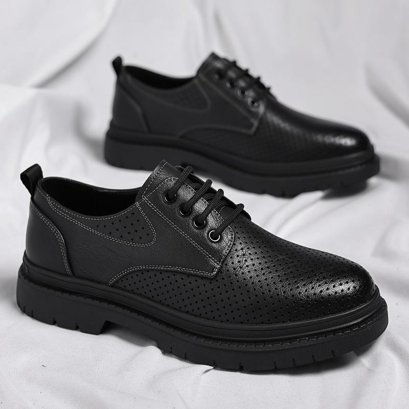 Leather shoes men's summer breathable casual men's shoes thin hollow black British trend 2025