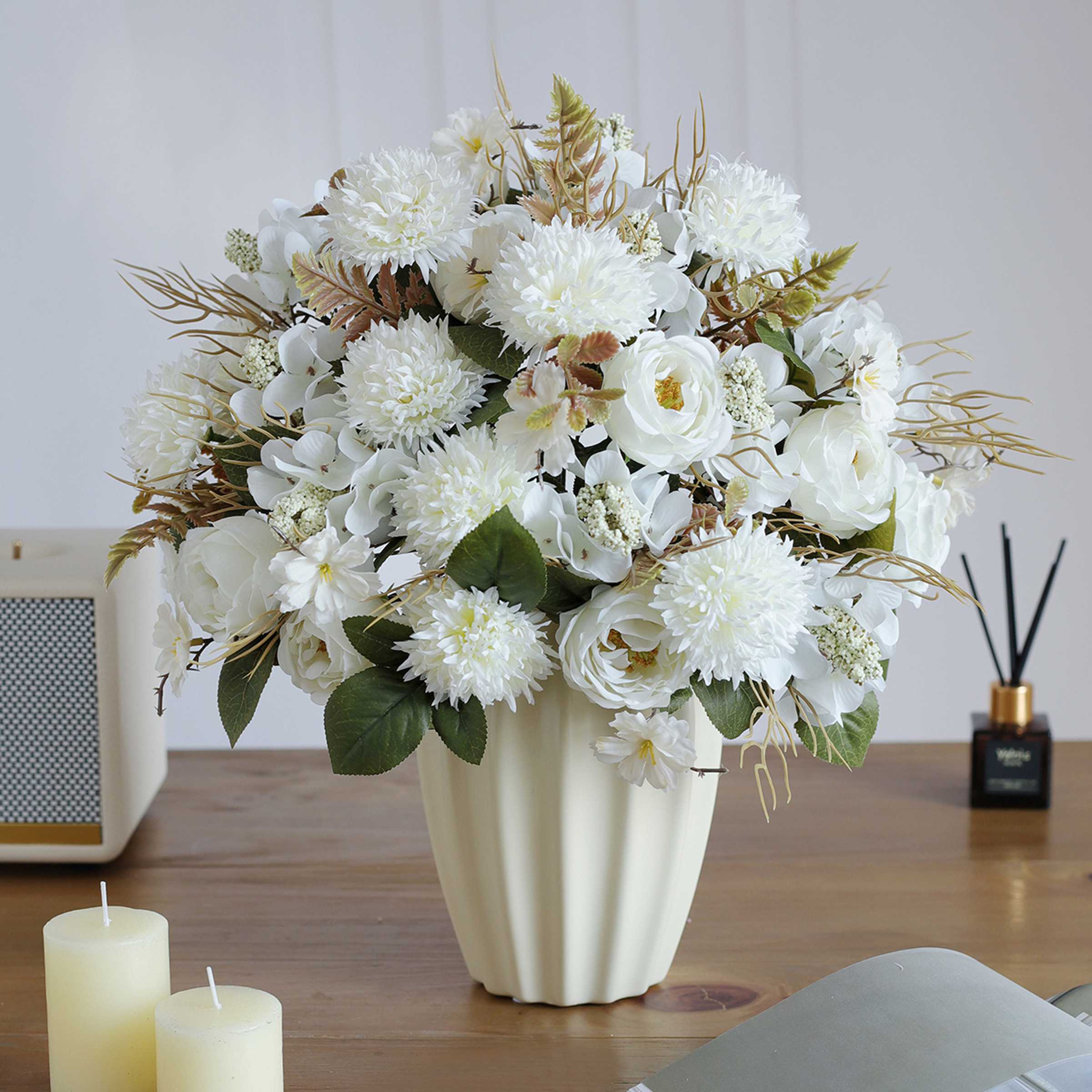

1/3pcs Artificial flower rose decora wedding bride bouquet garden fake silk peony embroidered ball dried flower vase board gift 1 pc білий