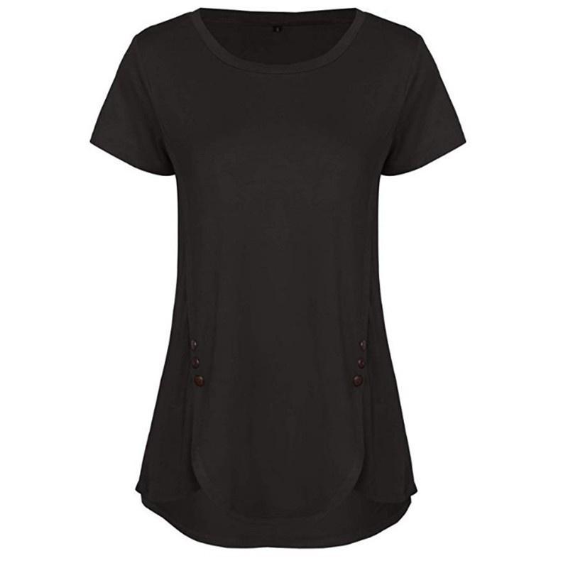 2026 Summer Women's Solid Color T-Shirt New Short Sleeve Button Round Neck Top