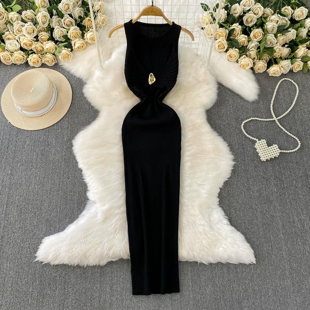 Summer Women Elegant Sleeveless Hollow Out Office Work Midi Knitted Sweater Pullover Sheath Dresses For Ladies
