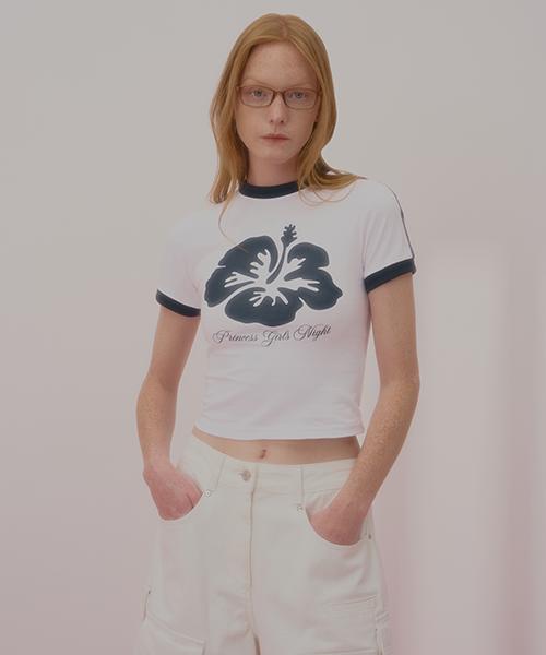 Uncover Aloha Flower Ringer Crop Short Sleeve T-Shirt White Free