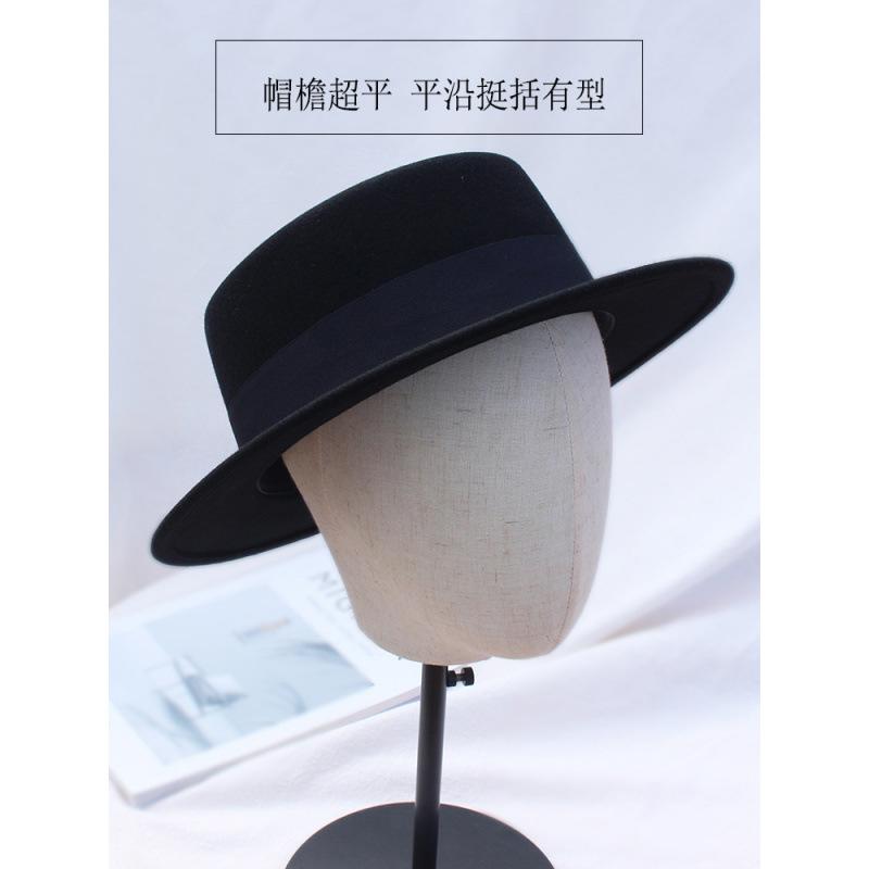 M hat women's autumn and winter versatile short-brimmed top hat woolen flat edge big head circumference hat French flat top hat men's short hair