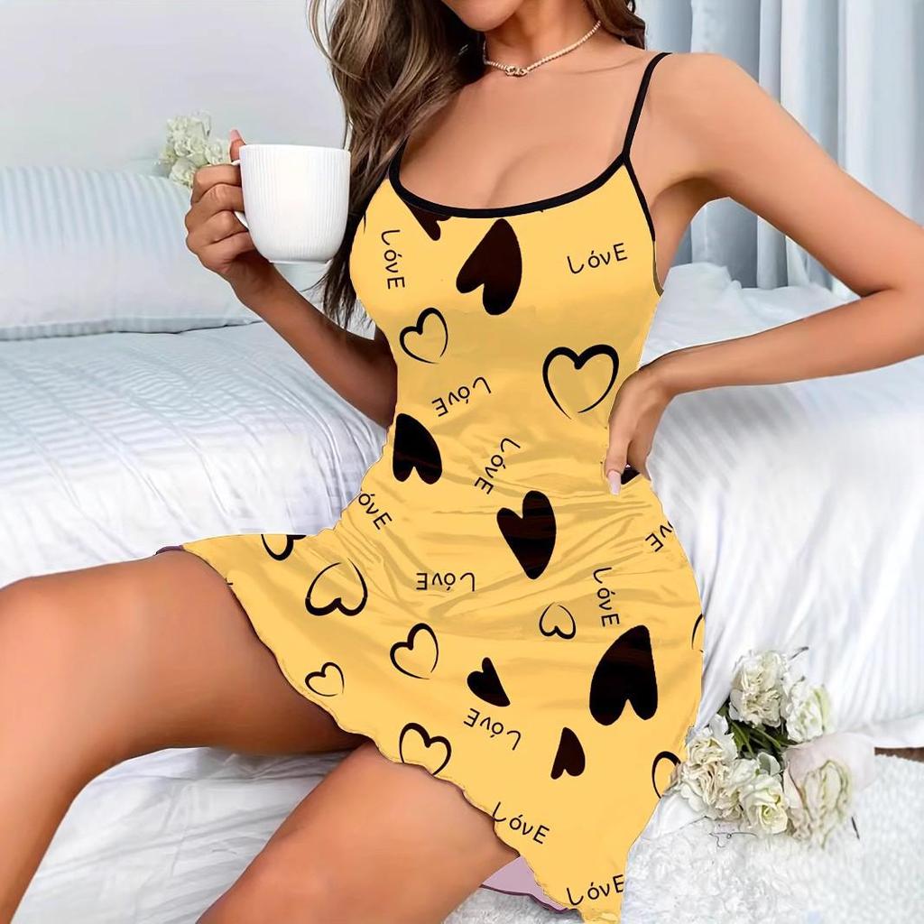 European Summer Strappy Heart Print Short Skirt Nightgown Dress