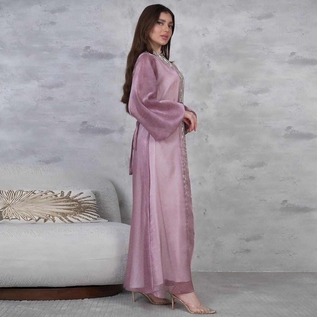 AB453 Puff Sleeve Cardigan: Elegant Long Dress & Robe Set with Hot Drill Accents