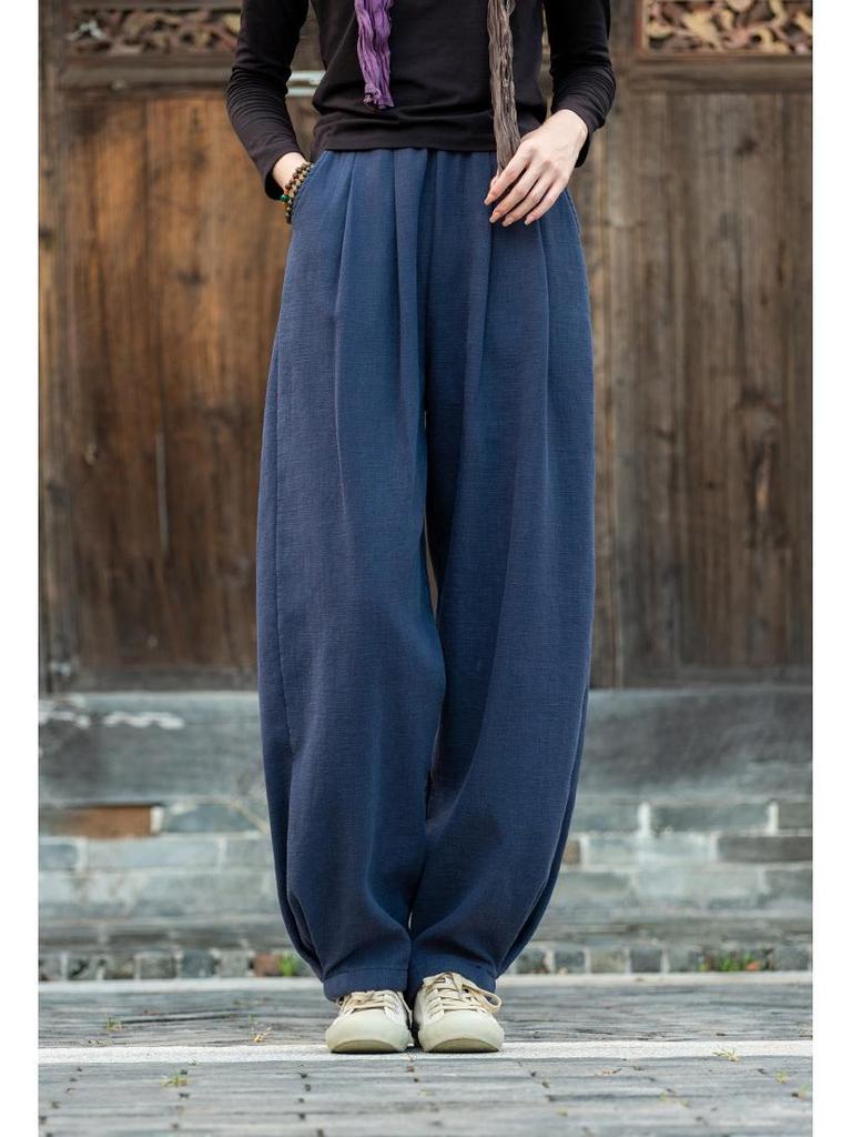 "Pantalones Farol de Algodón y Lino para Mujer": Otoño/Invierno, Lavado a la arena, Corte ajustado, Grueso con terciopelo."