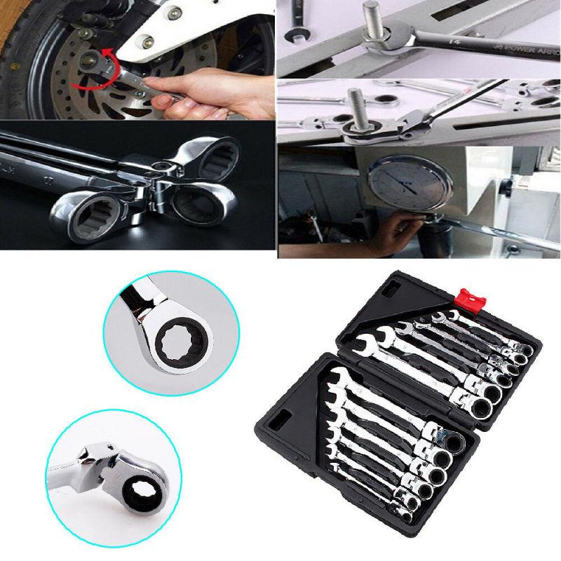 12Pcs/Set Metric Flexible/Fixed Spanners Ratchet Wrench Polished Tool Kit 8-19mm