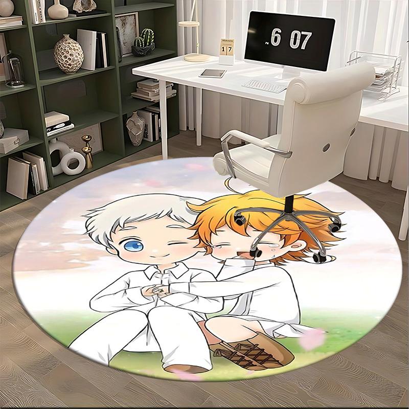 1pc The Promised Neverland Chibi Characters Round Carpet Anime Design Office Chair Mat, Non Slip Rug for Home Decor