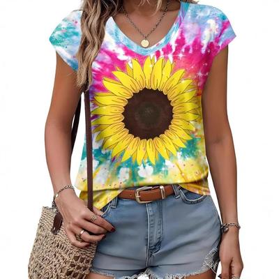 Vintage Damen T-Shirt mit Blumendruck Kurzarm V-Ausschnitt Oberteile Bequeme T-Shirts