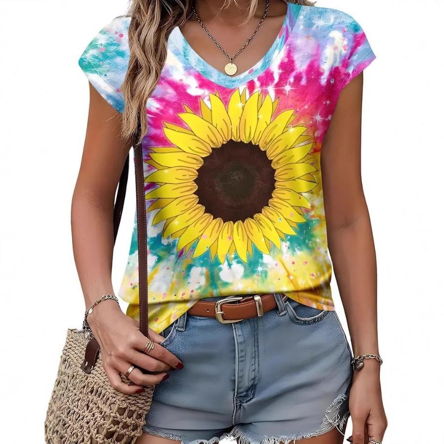 Camiseta vintage para mujer con estampado floral, manga corta, cuello en V, tops cómodos