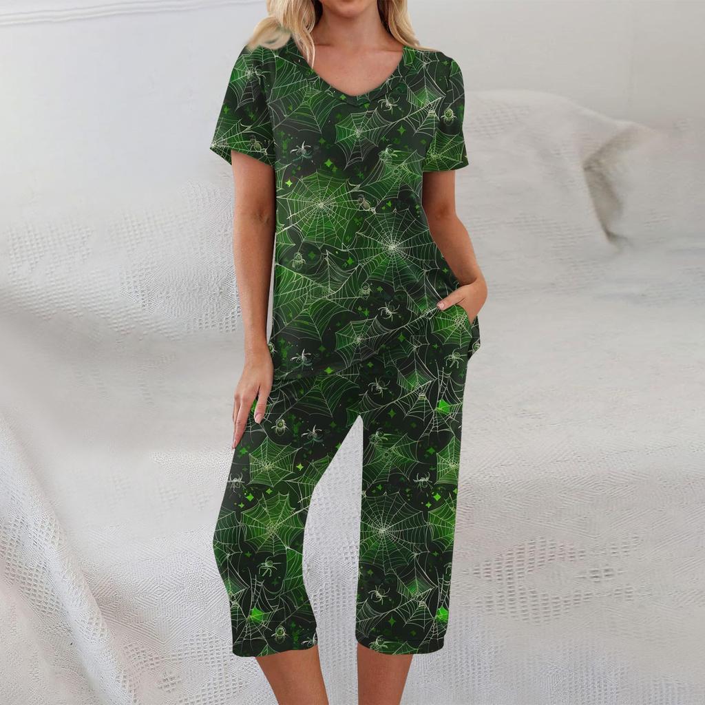 2 Piece Sets For Women Short Sleeve Top And Pants With Pockets Workout Soft Halloween Print Sets