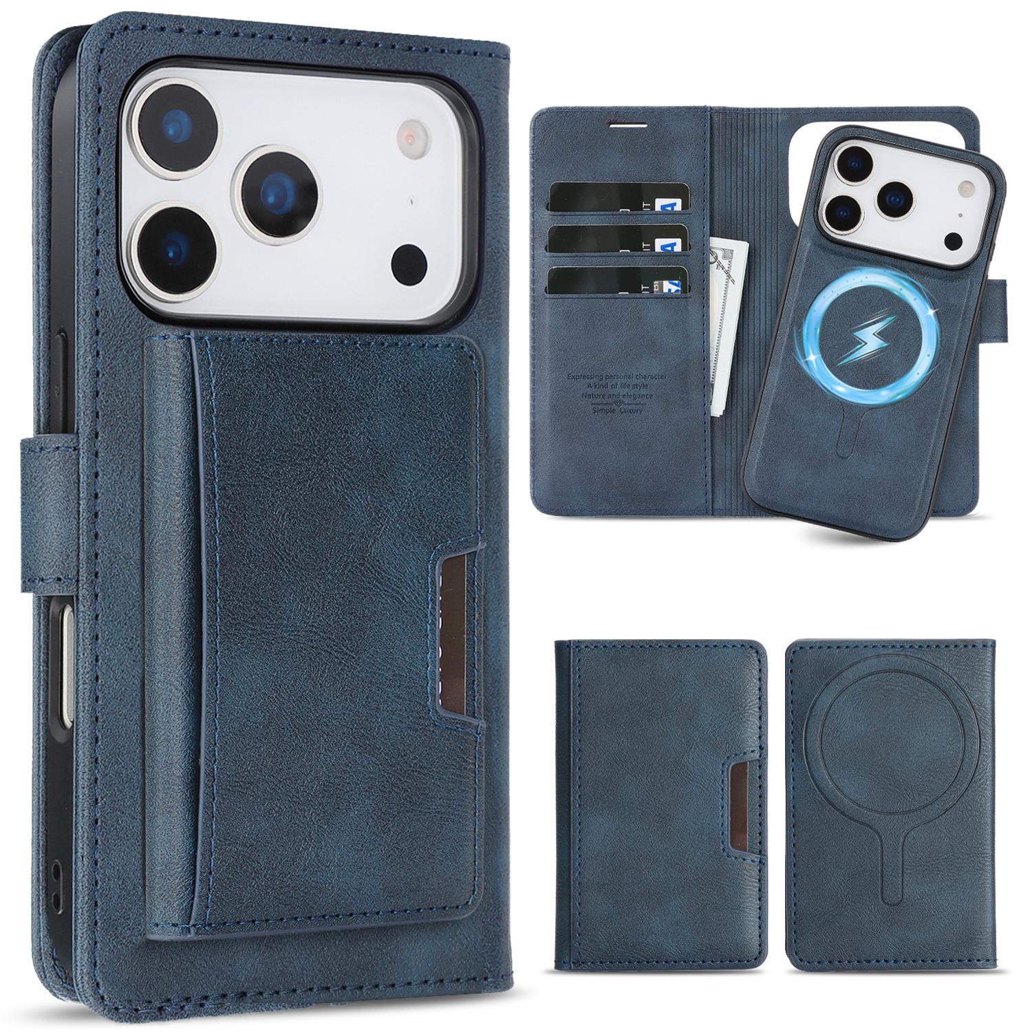 

3-in-1 Luxury Leather Wallet Detachable Flip Cover For iPhone 16 15 14 13 12 17 ProMax Plus 17Air 16e Magsafe Credit Card Wallet iPhone 12 синій