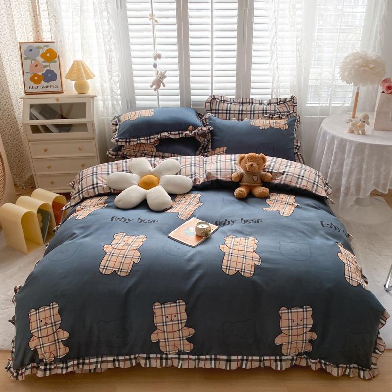 Korean Style Bed Skirt Four-piece Set Pure Cotton Edge Bed Sheet Thickened Plant Cashmere Brushed Skin-friendly Bedding