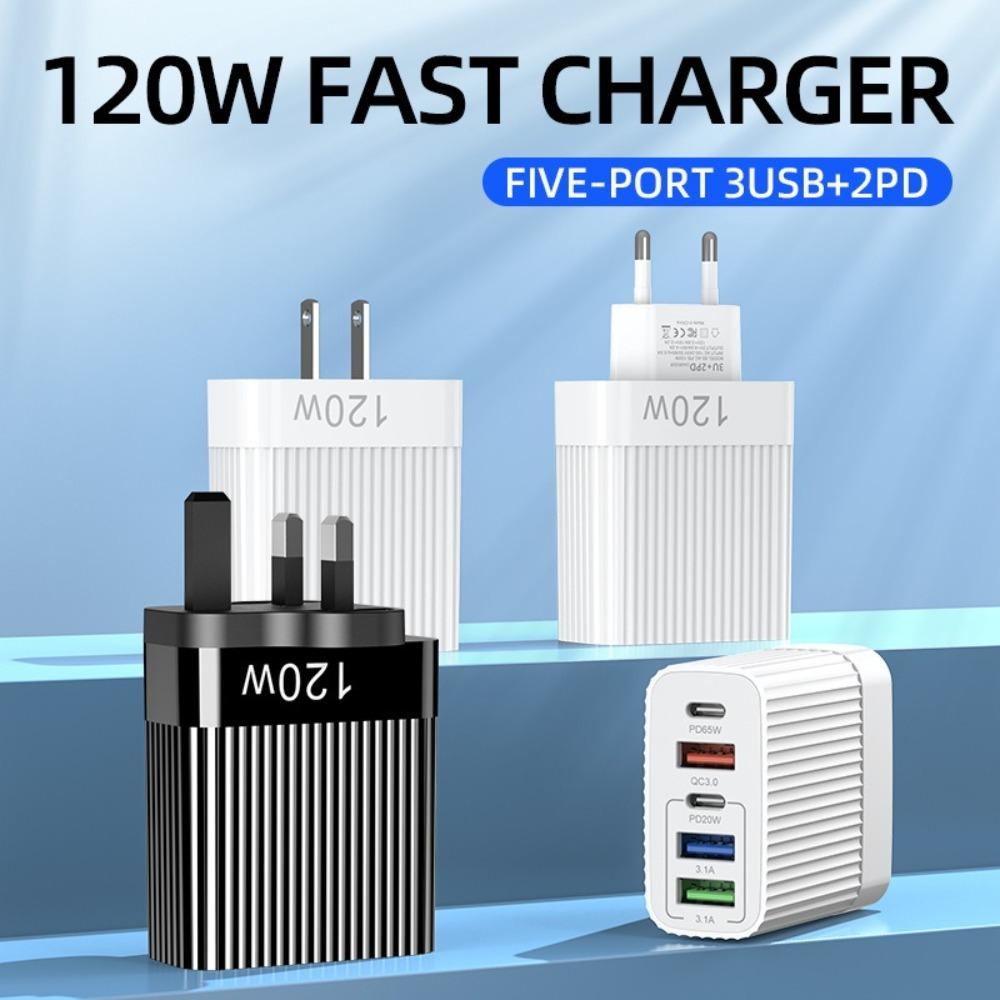 120W Super Fast Charger Head 5 Ports 10A Charger USB Fast Charger High Speed Charging 3 USB 2 Type C for iPhone Samsung Xiaomi