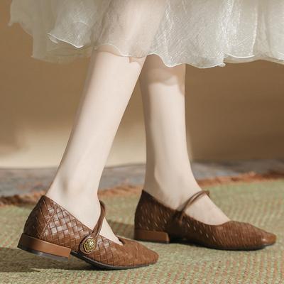 Spring and Autumn New Breathable Square Head Mary Jane Women's Shoes Shallow Mouth Retro Plaid Pattern Short Thick Heel Single Shoes