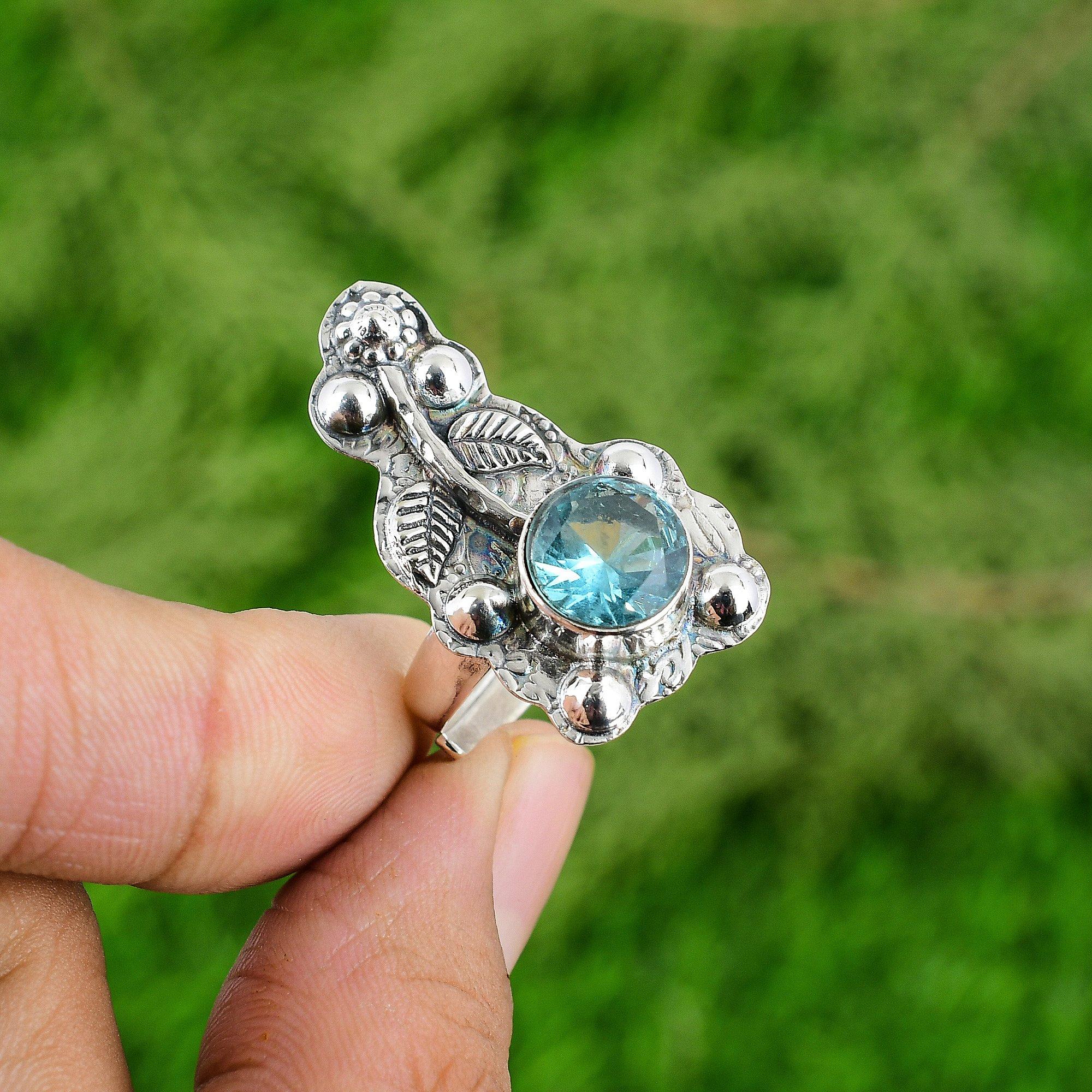 

925 Sterling Silver Round Swiss Blue Topaz Gemstone Stackable Flower Wife Ring Adjustable
