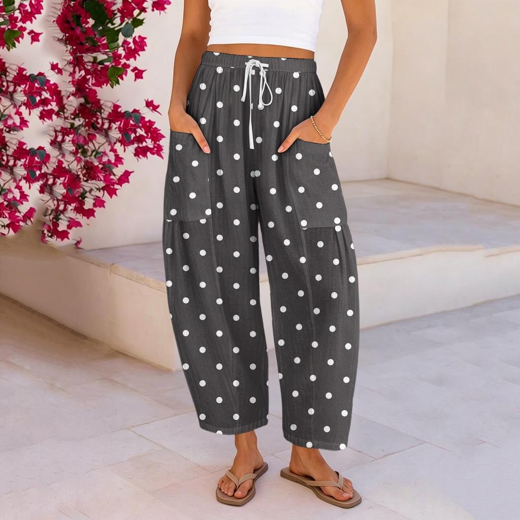 Damen Plus Size Freizeithose, Hoher Bund Lockerer Schnitt mit Taschen, Gepunkteter Druck
