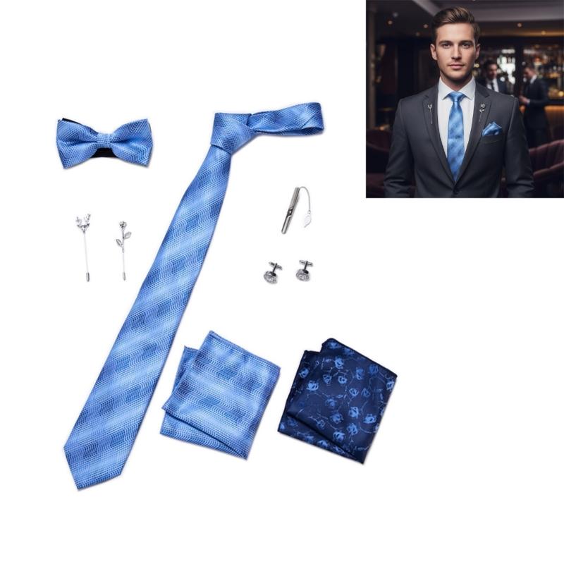 Pack of 9 Men's Floral Tie Set with Pocket Square Tie Clip Brooch Accessories for Formal Occasion Holiday Gift Supply